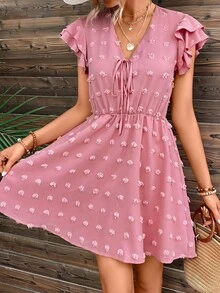 SHEIN VCAY Swiss Dot Tie Front Ruffle Trim Dress - Dusty Pink - View 5