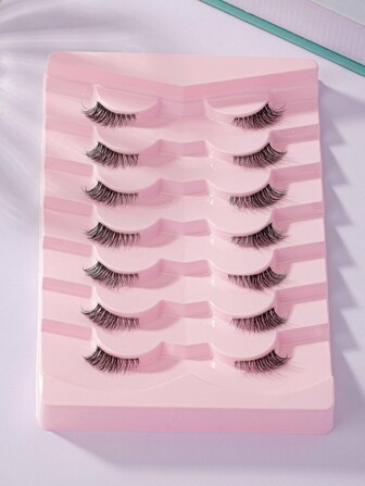 7 par halvramlösa lösögonfransar, transparent band, mjuka och naturliga kattögonfransar, sminkverktyg, fluffiga konstminkfransar, 5-12 mm