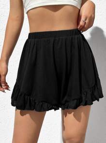 SHEIN EZwear Balletcore Solid Elastic Waist Ruffle Hem Shorts - Black - View 3