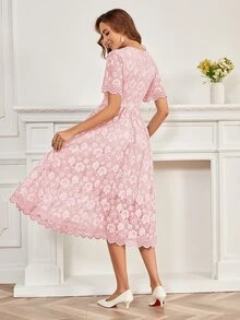 印花蝴蝶袖蕾絲洋裝