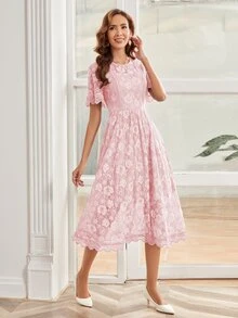 印花蝴蝶袖蕾絲洋裝