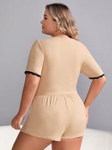 Plus Contrast Lace Tie Front Tee & Shorts PJ Set - Khaki - View 2