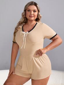 Plus Contrast Lace Tie Front Tee & Shorts PJ Set - Khaki - View 4