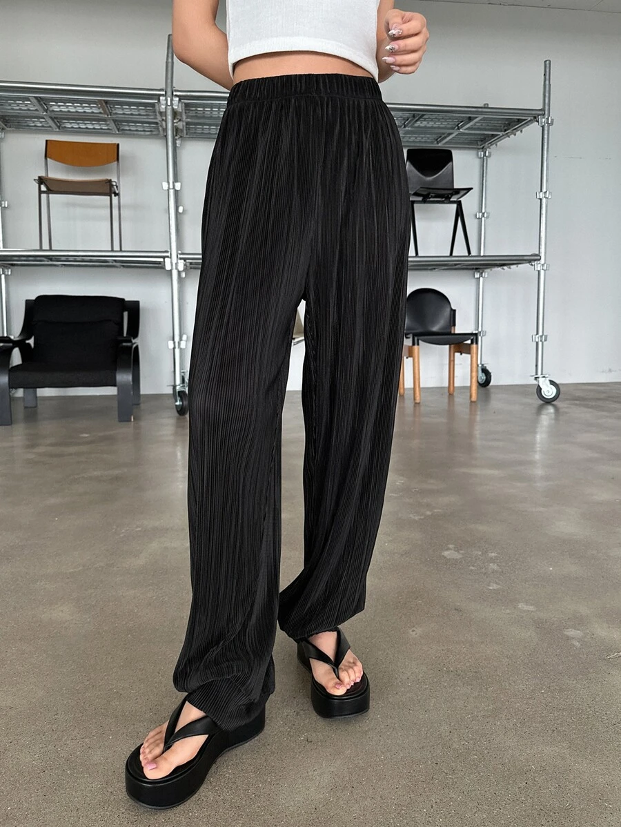 DAZY Solid Plisse Jogger Trousers - Black - View 1