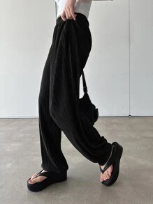 DAZY Solid Plisse Jogger Trousers - Black - View 4