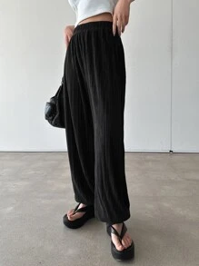 DAZY Solid Plisse Jogger Trousers - Black - View 5