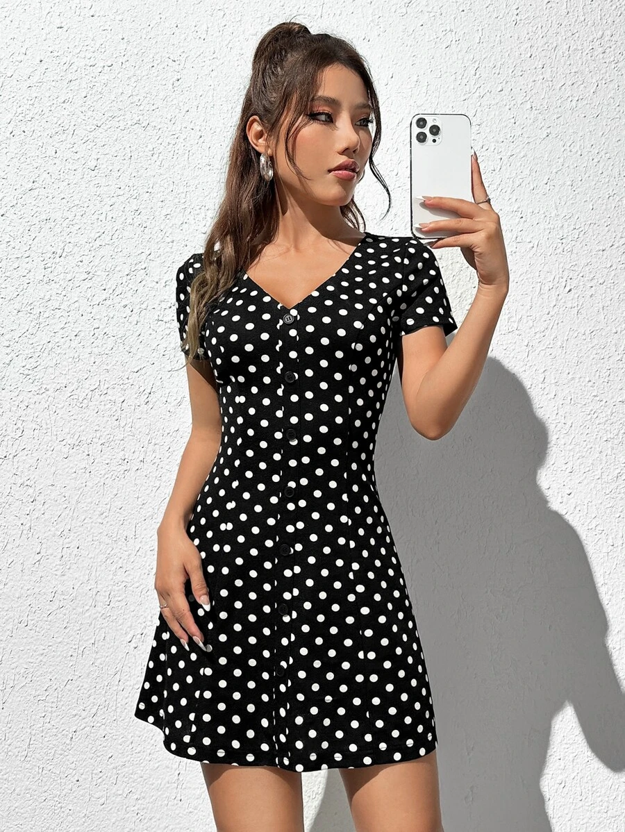 SHEIN EZwear 波卡圓點前紐扣連衣裙 - 黑色 - 查看 1