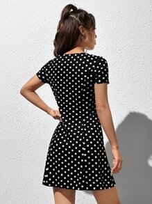 SHEIN EZwear 波卡圓點前紐扣連衣裙 - 黑色 - 查看 2