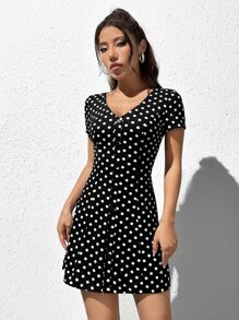 SHEIN EZwear 波卡圓點前紐扣連衣裙 - 黑色 - 查看 3