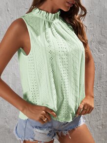 SHEIN VCAY 褶邊網眼刺繡背心上衣 - 薄荷綠 - 查看 4