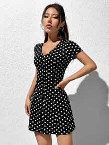 SHEIN EZwear 波卡圓點前紐扣連衣裙 - 黑色 - 查看 4