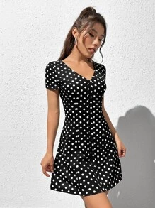 SHEIN EZwear 波卡圓點前紐扣連衣裙 - 黑色 - 查看 5