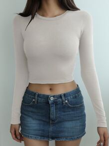 DAZY 纯色短款修身T恤长袖女式上衣 - 白色 - 查看 3