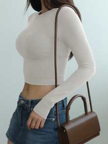 DAZY 纯色短款修身T恤长袖女式上衣 - 白色 - 查看 5