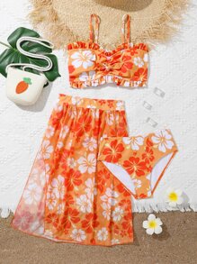 Tween Girl Floral Print Frill Trim Bikini Set With Beach Skirt Summer Beach - Orange - View 1