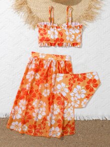Tween Girl Floral Print Frill Trim Bikini Set With Beach Skirt Summer Beach - Orange - View 2