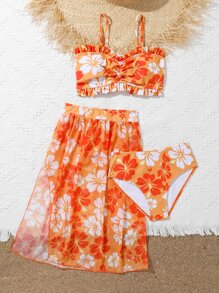 Tween Girl Floral Print Frill Trim Bikini Set With Beach Skirt Summer Beach - Orange - View 3