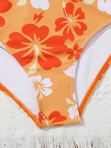 Tween Girl Floral Print Frill Trim Bikini Set With Beach Skirt Summer Beach - Orange - View 4