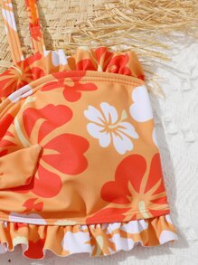 Tween Girl Floral Print Frill Trim Bikini Set With Beach Skirt Summer Beach - Orange - View 5