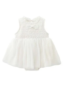 Baby Girls' Cute & Elegant Lace Embroidered Mesh Sleeveless Dress Suitable For Weddings, Holidays In Summer