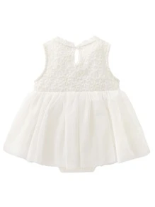 Baby Girls' Cute & Elegant Lace Embroidered Mesh Sleeveless Dress Suitable For Weddings, Holidays In Summer