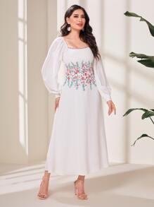 Modelyn 印花方領燈籠袖連衣裙 - 白色 - 查看 4