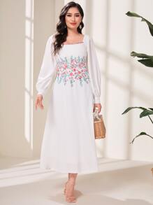 Modelyn 印花方領燈籠袖連衣裙 - 白色 - 查看 2