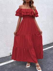 SHEIN VCAY Vestido a capas a capas de hombros descubiertos bajo con fruncido - Rojo - Ver 1