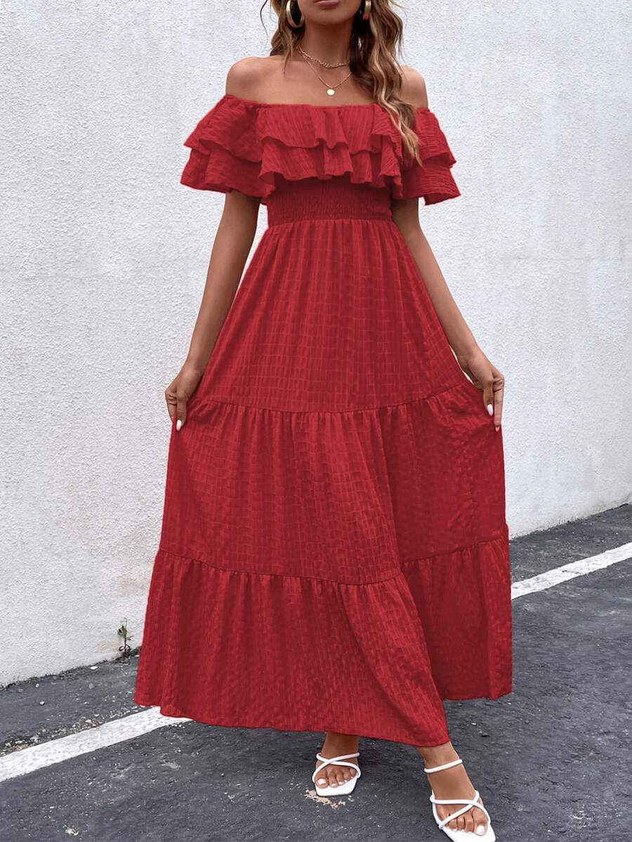 SHEIN VCAY Vestido a capas a capas de hombros descubiertos bajo con fruncido - Rojo - Ver 1