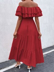 SHEIN VCAY Vestido a capas a capas de hombros descubiertos bajo con fruncido - Rojo - Ver 2