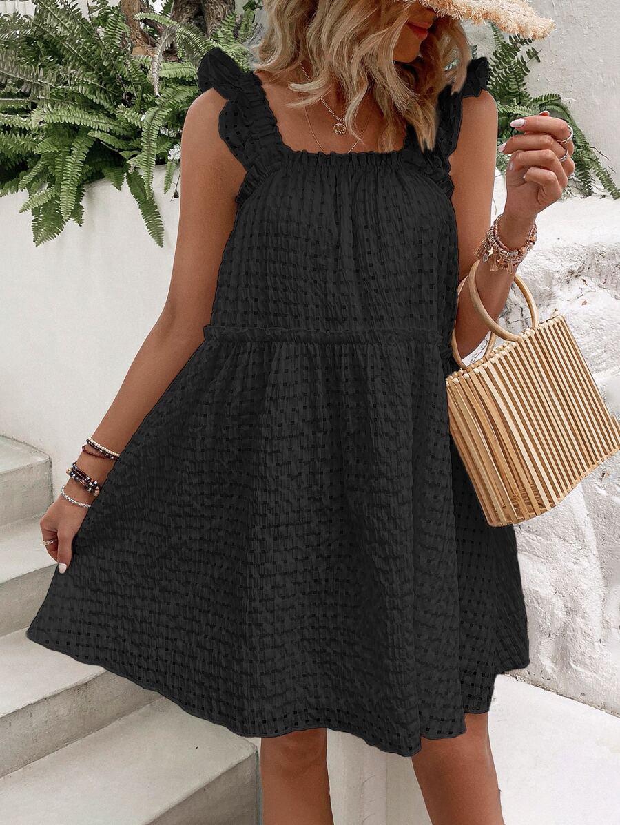 Breezaya Ruffle Trim Smock Dress Vacation Beach Outfits Women - Black - View 1