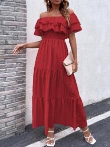 SHEIN VCAY Vestido a capas a capas de hombros descubiertos bajo con fruncido - Rojo - Ver 5