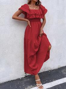 SHEIN VCAY Vestido a capas a capas de hombros descubiertos bajo con fruncido - Rojo - Ver 6