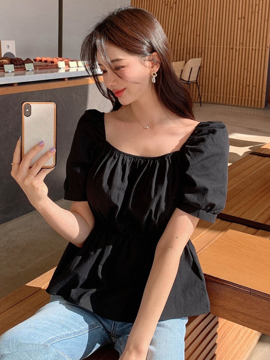 DAZY Solid Puff Sleeve Peplum Blouse - Black - View 1