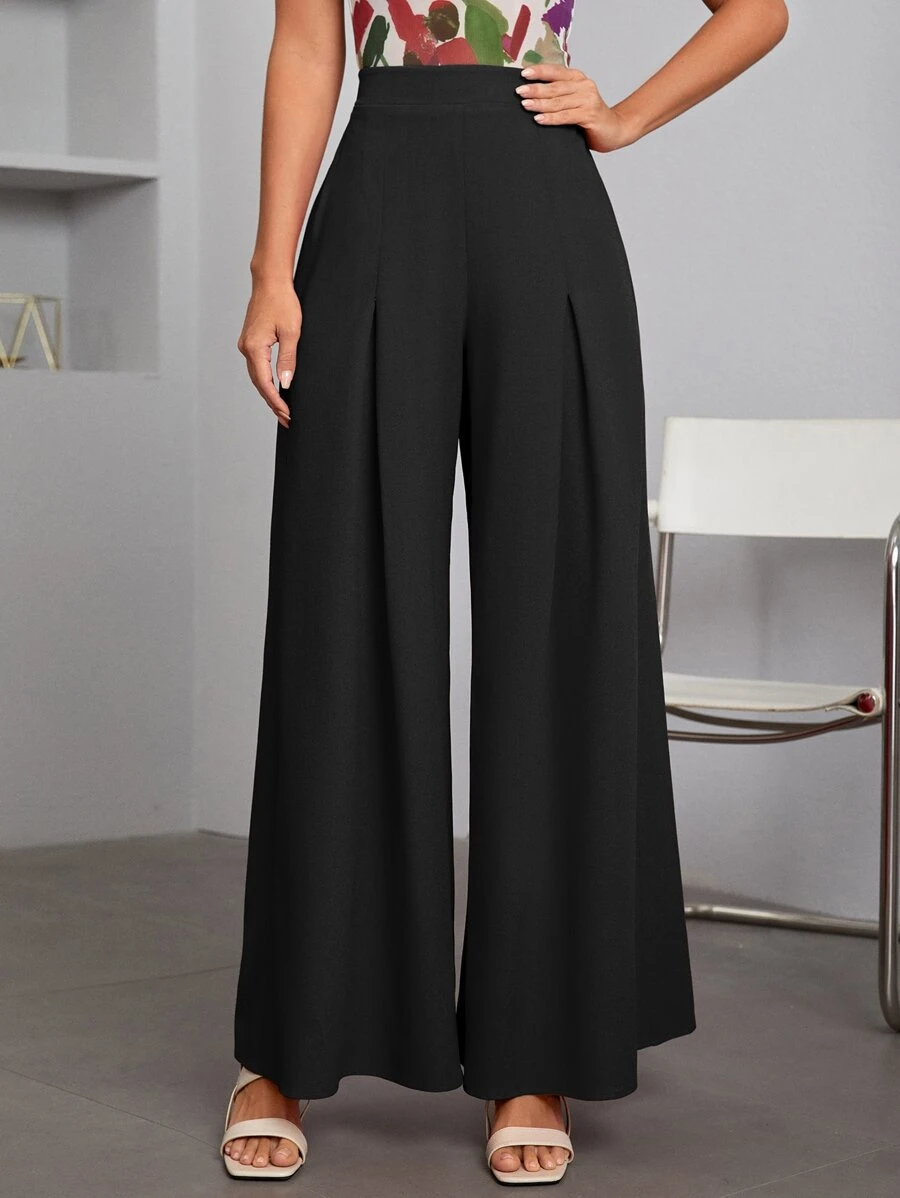 SHEIN Privé Solid Wide Leg Trousers - Black - View 1