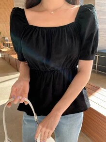 DAZY Solid Puff Sleeve Peplum Blouse - Black - View 3