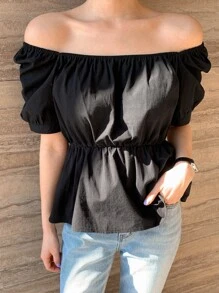 DAZY Solid Puff Sleeve Peplum Blouse - Black - View 4