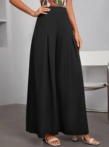 SHEIN Privé Solid Wide Leg Trousers - Black - View 4