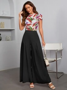 SHEIN Privé Solid Wide Leg Trousers - Black - View 5