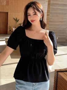 DAZY Solid Puff Sleeve Peplum Blouse - Black - View 5