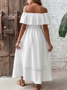 Breezaya 一字肩蕾絲拼接荷葉邊高衩連衣裙不附腰帶