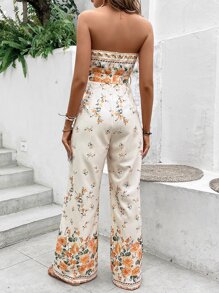 SHEIN VCAY Floral Print Belted Tube Jumpsuit - Apricot - View 2