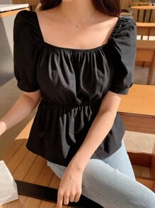 DAZY Solid Puff Sleeve Peplum Blouse - Black - View 7