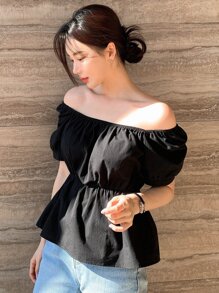 DAZY Solid Puff Sleeve Peplum Blouse - Black - View 8