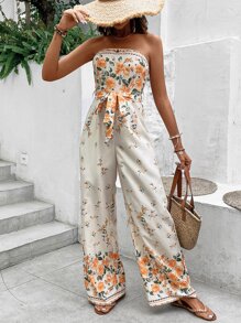 SHEIN VCAY Floral Print Belted Tube Jumpsuit - Apricot - View 3
