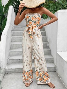 SHEIN VCAY Floral Print Belted Tube Jumpsuit - Apricot - View 4