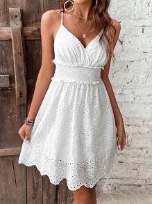 Breezaya Eyelet Embroidery Shirred Waist Scallop Trim Cami Dress - White - View 5