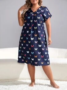 Plus Butterfly Print Batwing Sleeve Nightdress - Navy Blue - View 1