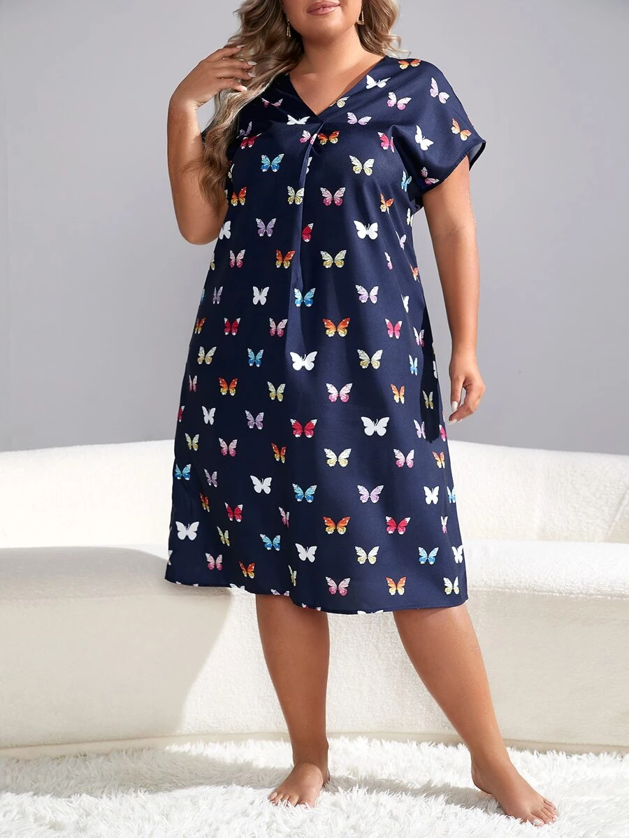 Plus Butterfly Print Batwing Sleeve Nightdress - Navy Blue - View 1