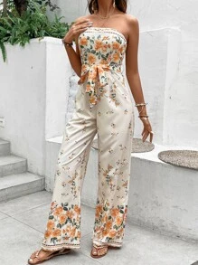 SHEIN VCAY Floral Print Belted Tube Jumpsuit - Apricot - View 6
